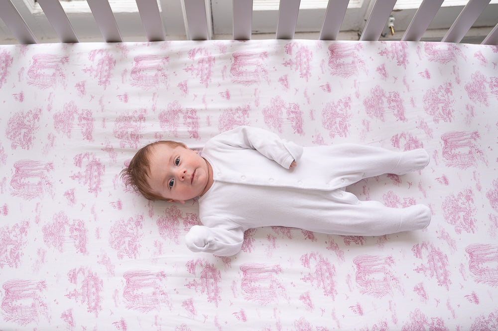 Load image into Gallery viewer, Spring Toile Pink Fitted Cot Sheet
