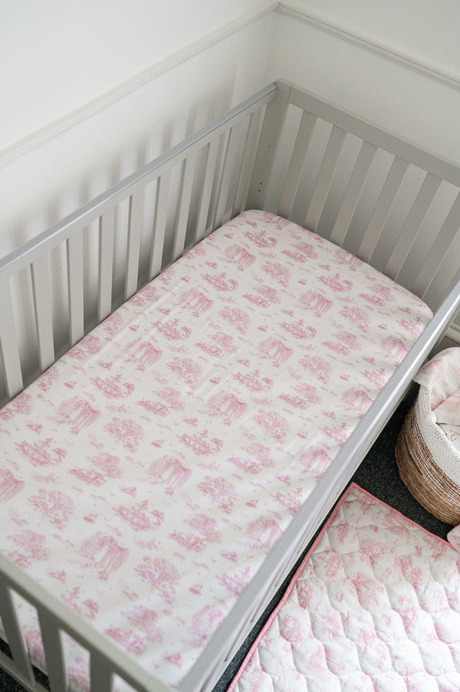 Load image into Gallery viewer, Spring Toile Pink Fitted Cot Sheet
