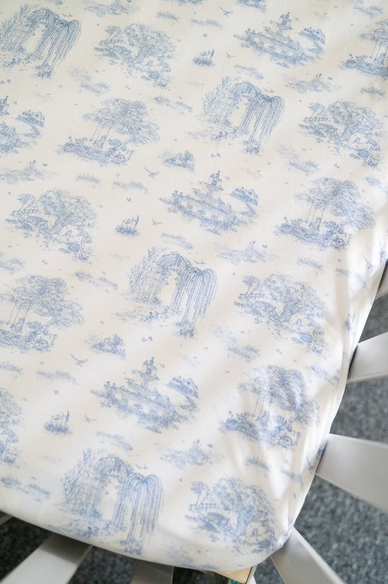 Load image into Gallery viewer, Spring Toile Blue Fitted Cot Sheet
