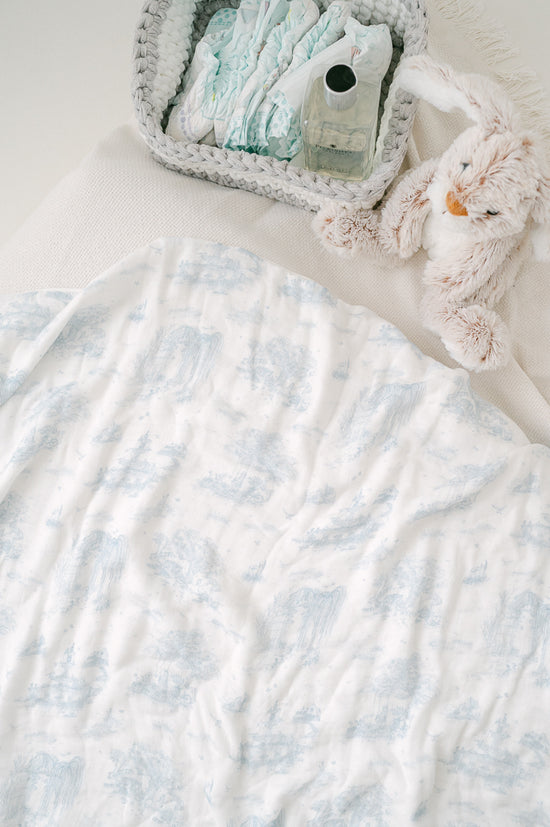 Load image into Gallery viewer, Spring Toile Blue Bamboo Baby Blanket
