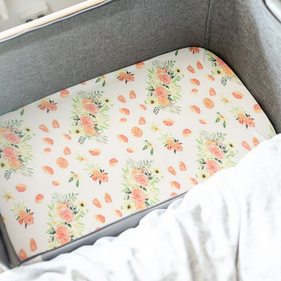 Load image into Gallery viewer, Orange Bloom Bedside Crib Sheet/Changing Mat Cover
