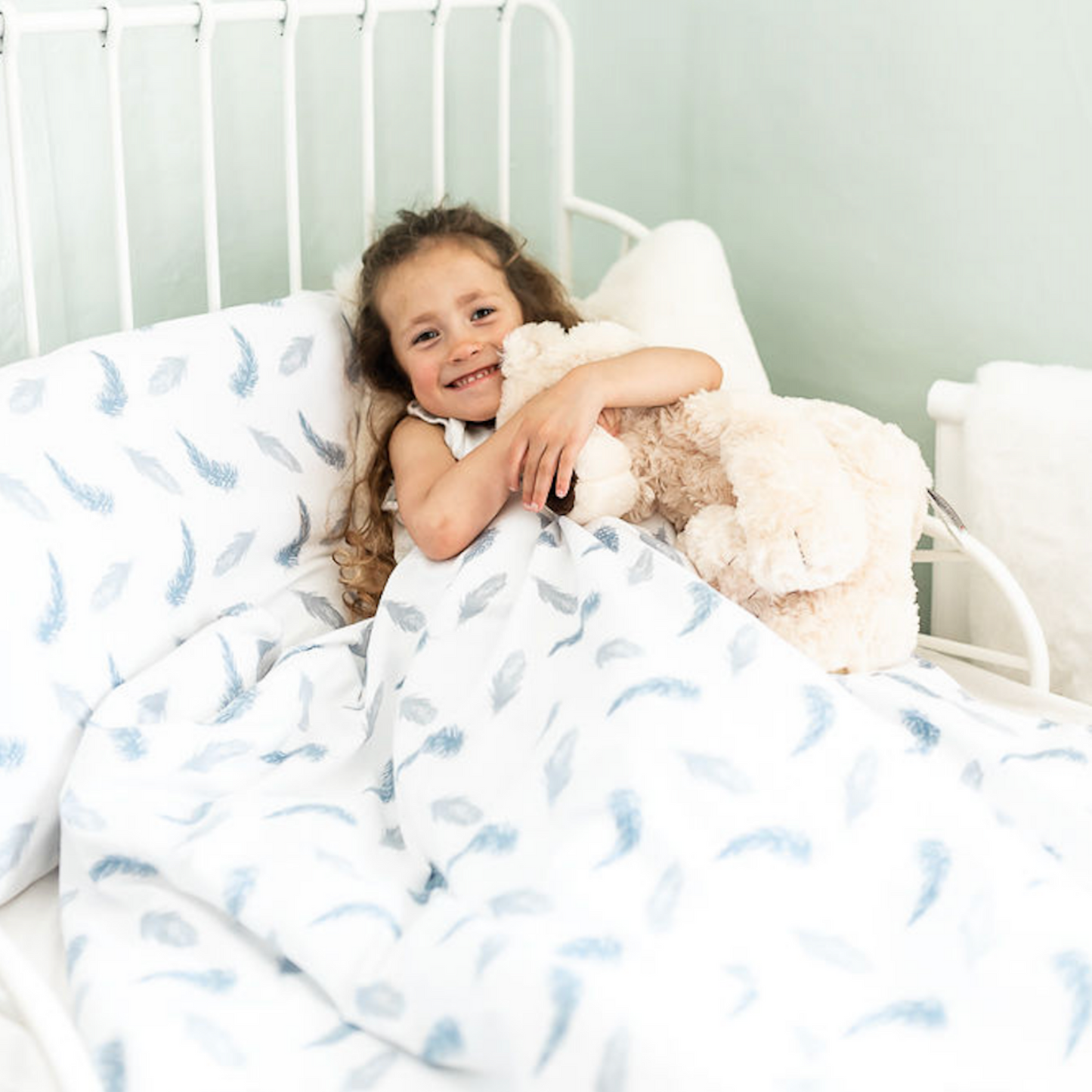 Boho Feathers Blue Organic Cotton Toddler Duvet Cover and Pillow Case Set